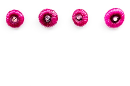 Red onions bulbs on white background top view copy spaceの写真素材