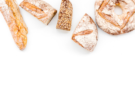 Fresh homemade bread on white background top view copy spaceの写真素材