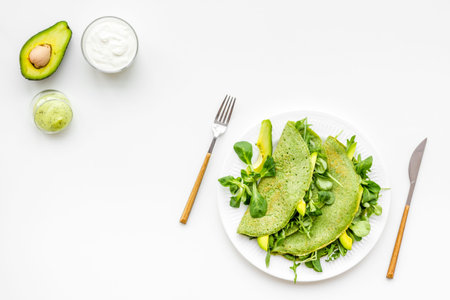 Spinach pancakes with spinach leaves and avocado slices on plate on white background top view copy spaceの写真素材