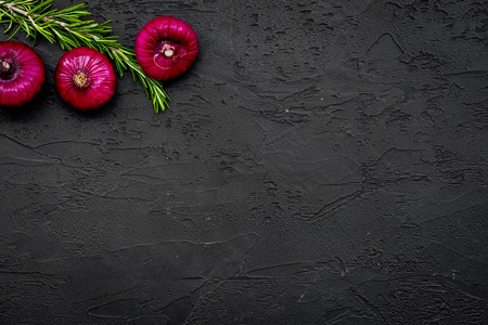 Red onion for salads on black background top view copy spaceの写真素材