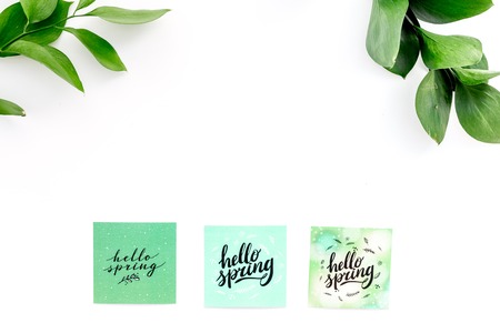 Spring background. Hand lettering hello spring near young green branch on white table top view copy spaceの写真素材