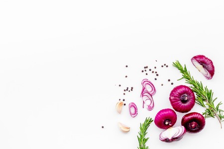 Red onion among spices rosemary, garlic, black pepper on white background top view.の写真素材
