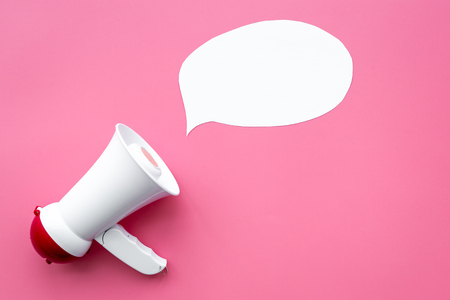 Statement concept. Megaphone near blank cloud for text on pink background top view copy space mockupの写真素材