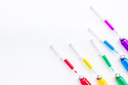 Syringe with colored drug. Injection concept on white background top view.の写真素材