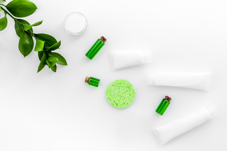 Natural cosmetics for skin care near green leaves on white background top view copy spaceの写真素材