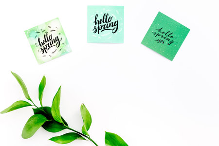 Spring lettering, spring motto. Lettering hello spring on stickers among green foliages on white...
