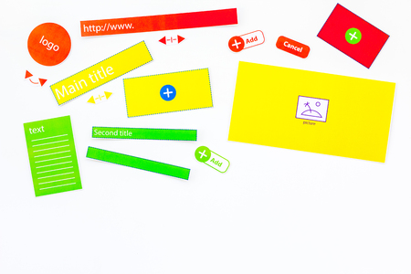 Developing internet site. Website design concept. Elements, blocks, instruments, tools for make site on white background top view.の写真素材