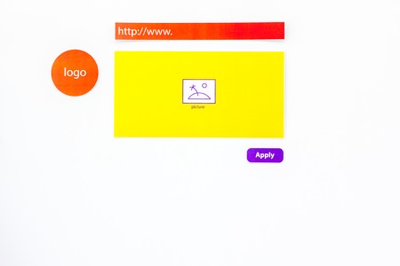 Developing internet site. Website design concept. Elements, blocks, instruments, tools for make site on white background top view.の写真素材