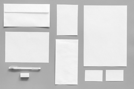 Mockup template for branding identity. White stationery on grey background top view.の写真素材
