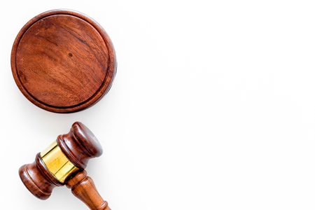 Law or jurisprudence concept. Judge gavel on white background top view copy spaceの写真素材