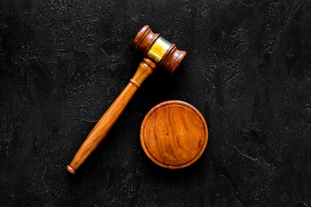 Lawyer or attorney concept. Judge gavel on black background top view copy space