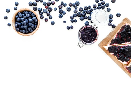 Blueberry toast for breakfast on white background top view copy spaceの写真素材