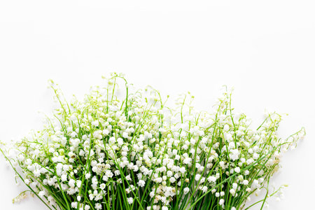 Small and fragrant spring flowers. Bouquet of lily of the valley flowers on white background top...