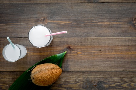 Tropical alcohol-free beverage. Fresh coconut milk in glasses with straw near coconut and palm leaves on dark wooden background top view copy spaceの写真素材