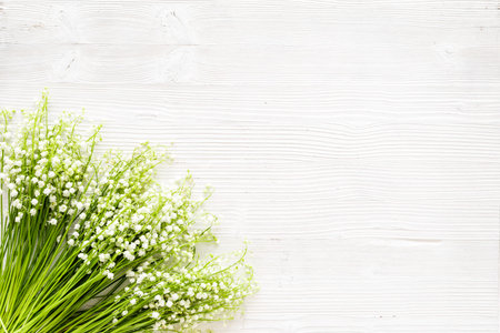 Small and fragrant spring flowers. Bouquet of lily of the valley flowers on white background top...