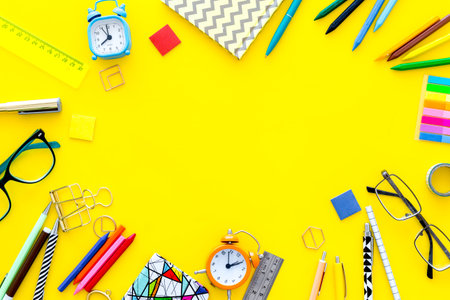 Education background, mockup. School, student, office supplies. Stationery, glasses, alarm clock...
