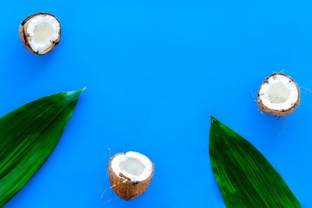 Tropical composition with coconut. Whole coconuts and coconut cut in half near palm leaves on blue background top view.の写真素材