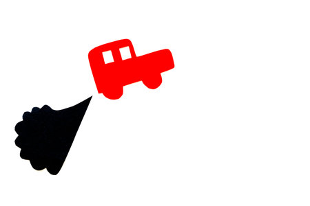 Car emitting dirty smoke. Pollution concept. Car and smoke cutout on white background top view.