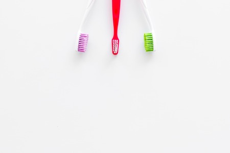 Clean teeth. Toothbrushes on white background top view.の写真素材
