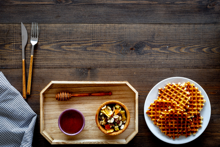 Round Belgian waffles for breakfast.の写真素材