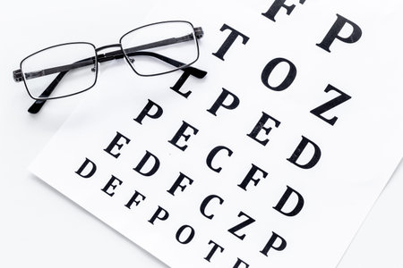 Eye test, eye examination. Glasses with transparent optical lenses on eye test chart on white...