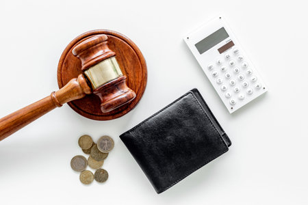 Financial failure, bankruptcy concept. Judge gavel, wallet, coins, calculator on white background...