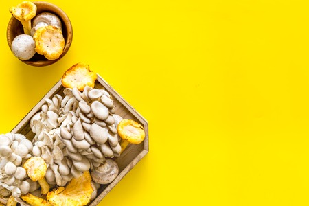 Collect mushroom concept. Champignons, oysters, chanterelles in basket on yellow background top view space for textの写真素材