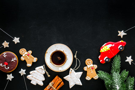 Festive New Year candies. Traditional gingerbread cookies in different shape for decoration new year...