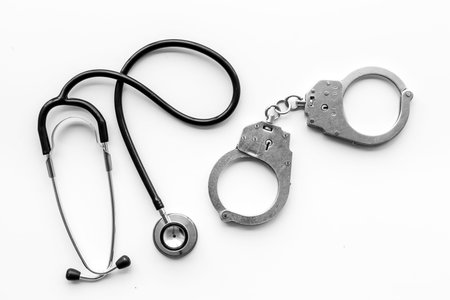 Medical lawsuit. Arrest for medical crime concept. Handcuff near stethoscope on white background top view.の写真素材