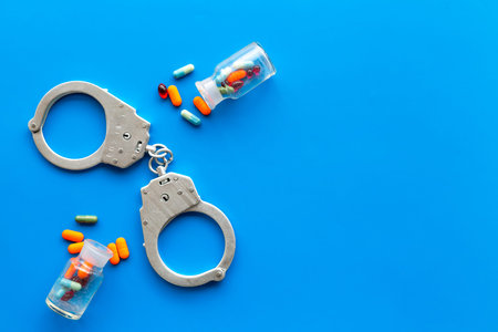 Arrest for illegal purchase, possession and sale drugs concept. Drugs as pills near handcuff on blue background top view.の写真素材