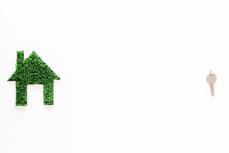 Green eco energy concept. House silhouette made of green grass on white background top view.の写真素材