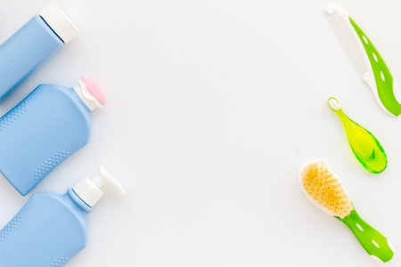 Children's personal care kit. Bath accessories with teeth brush on white background top view.の写真素材