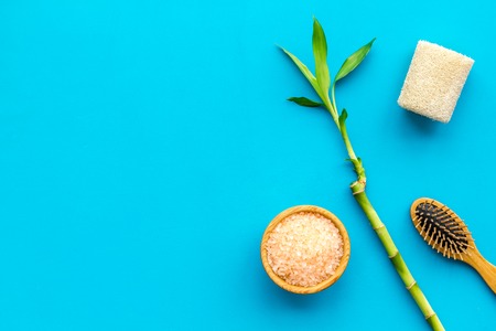 Asian spa background. Spa treatment concept. Bamboo branch, spa cosmetics on blue background top view space for textの写真素材