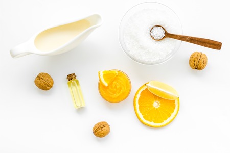 Body treatment with citrus cosmetic set white desk background top view patternの写真素材