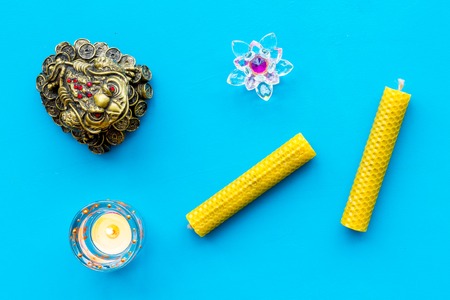 Meditation and eastern spiritual practices concept blue background top view.の写真素材