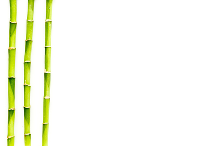 Asian background. Green bamboo branches on white wooden background top view space for textの写真素材