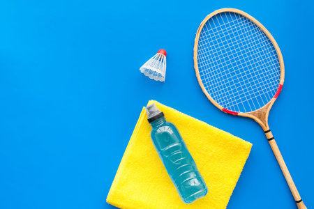 Badminton training concept. Badminton racket, shuttlecock, sport drink and towel on blue background...