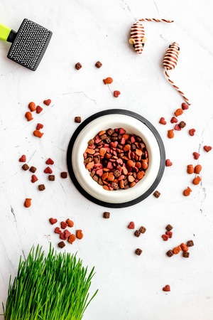 Pets accessories in home. Cat food in bowl, mouse toys on white background top viewの写真素材