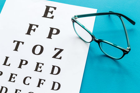 Eye examination. Eyesight test chart and glasses on blue background.