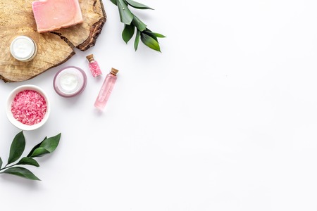 Homemade spa with woman cosmetics on white background top view copyspace.の写真素材