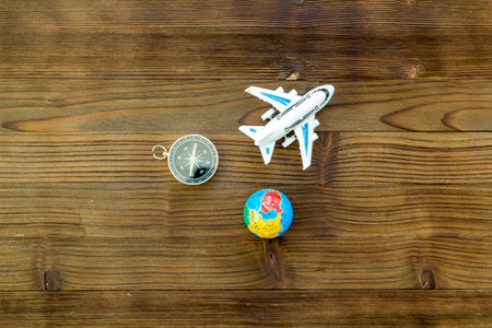 SOS Save the planet and eco concept with the earth, plane and compass on wooden background flat lay...