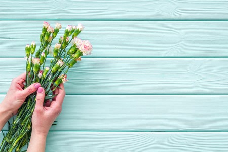 Bouquet of pink carnation in female's hands on blue turquoise wooden background top view.の写真素材