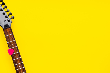 Music record studio with musician and DJ instruments on yellow background top view copyspaceの写真素材
