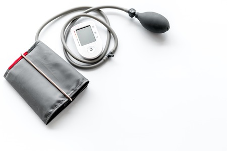 Diagnostics of cardiac disease and heart attack protection with pulsimeter on white background top view copyspaceの写真素材