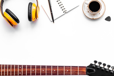 Music record studio with musician and DJ instruments on white background top view copyspaceの写真素材
