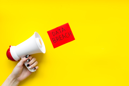 Data breach concept with megaphone on yellow background top view mockupの写真素材