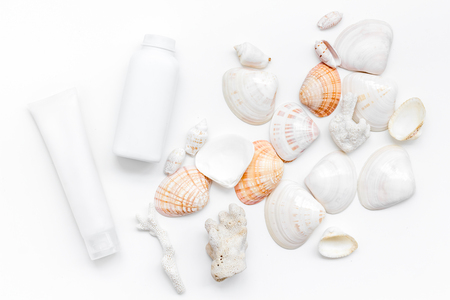 Organic Dead Sea cosmetic set with cream and lotion on white background top viewの写真素材
