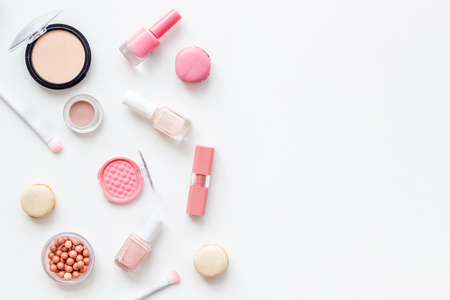 Make-up accessories and fashion stylish cosmetics on white desk background top view mock upの写真素材