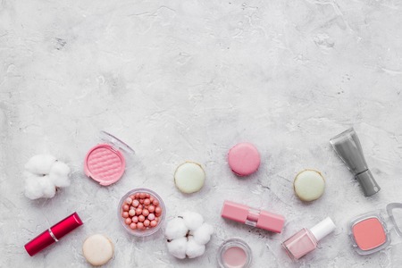 Make-up accessories and fashion stylish cosmetics on marble desk background top view mock upの写真素材