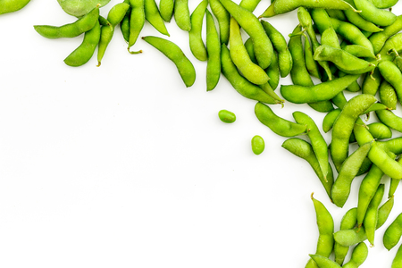 Healthy food. Edamame on white background top view mock upの写真素材